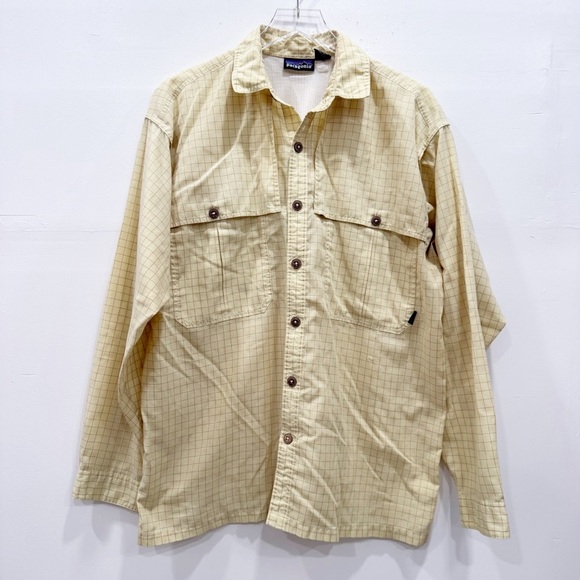 Patagonia Yellow Grid Print Long Sleeve Button Down Shirt Large *flawed* - Picture 1 of 9